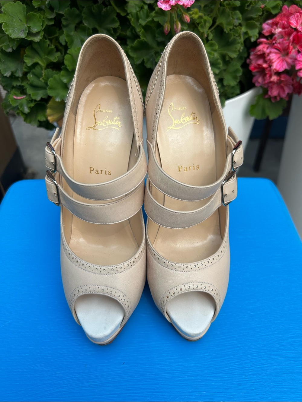 Christian Louboutin Nude Beige Peep-Toe Mary Jane Heels